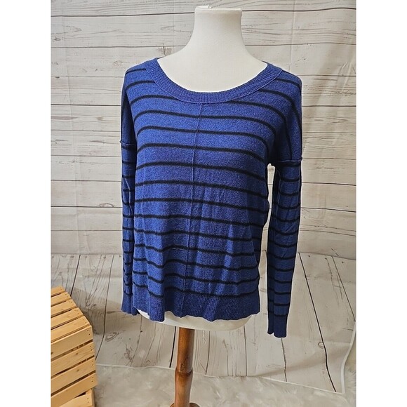 Max Studio 100% Extra-fine Merino Wool Pullover Sweater Blue Black Stripe Size L - Picture 1 of 7